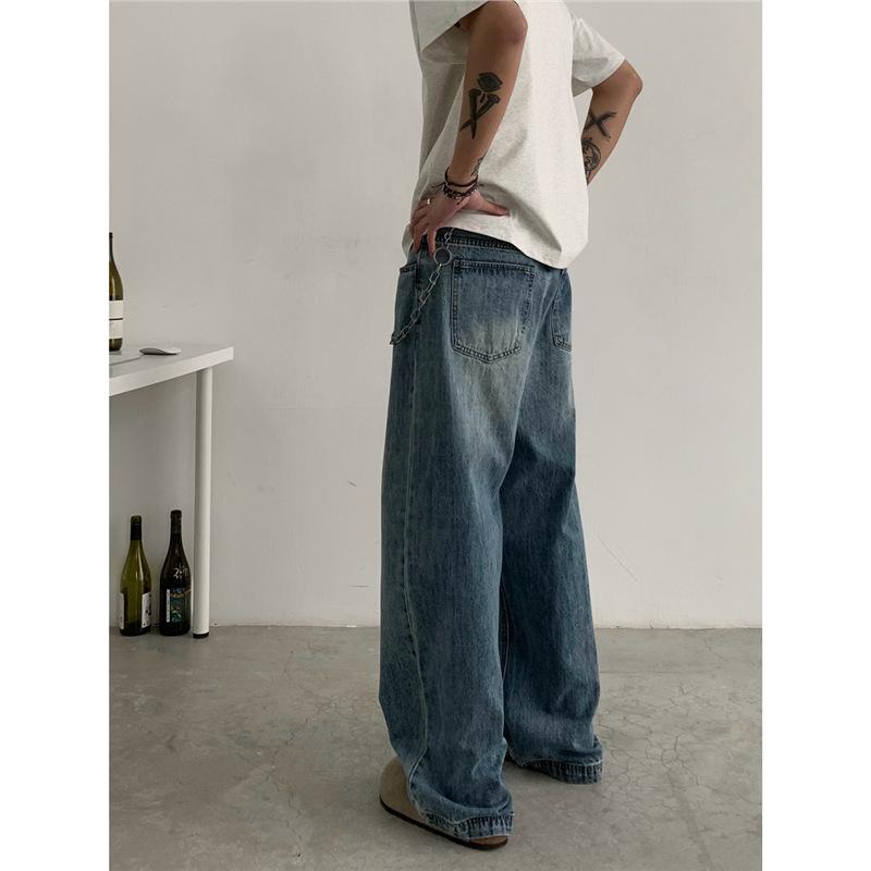 Spring and autumn washed burst blue jeans men's American retro loose wide-leg casual trousers