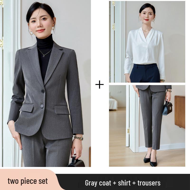 High-End Women's Grey Suit Set - Professional Spring/Autumn Formal Wear for Interviews and Work
