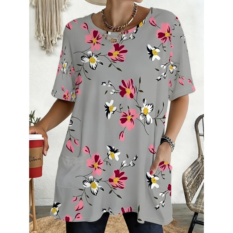 Women'S Summer Gray Base Retro Pink White Floral Branch Pocket Round Neck Short Sleeve T-Shirt Athletic Casual Comfortable Top