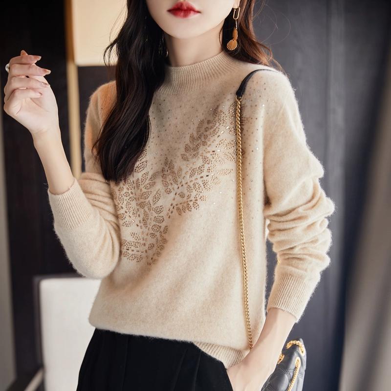 Sweter damski z czystej wełny, dopasowany krój, gorący diament, dzianinowy, gruby i ciepły, jesień, zima, nowy, półwysoki kołnierz, kaszmirowe swetry