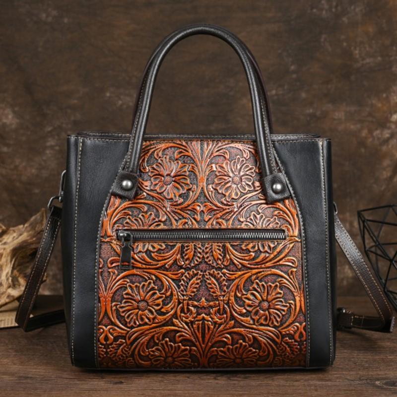 Johnature Genuine Leather Women Retro Bag Large Capacity Luxury Handbag Handmade Cowhide Carving Shoulder Bags