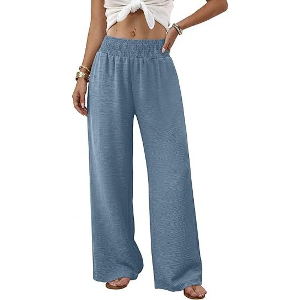 Damen High Waist Geraffter Elastischer Bund Weiter Bein Lockerer Schnitt Freizeithose