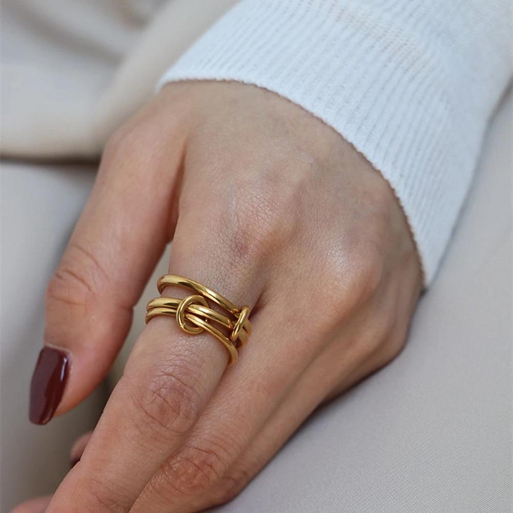 Multiple Layers Strand Loop Indext Finger Zircon Rings for Women Stainless Steel Gold Plated Ring
