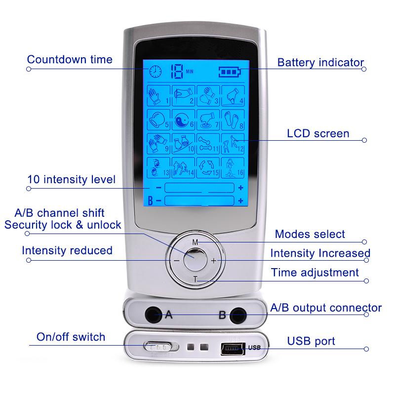 Langlebige und sichere TENS-Gerät EMS-Muskelstimulator USB-Aufladung für Schmerzlinderung Behandlung Mit 16 Modi Zweikanal Elektronischer Puls-Massager
