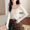 U-neck Sweater Solid Color Slim Knitted Sweater T-shirt Long-sleeved Top Low-neck Inner Layer Slim Pullover Women's Clothing