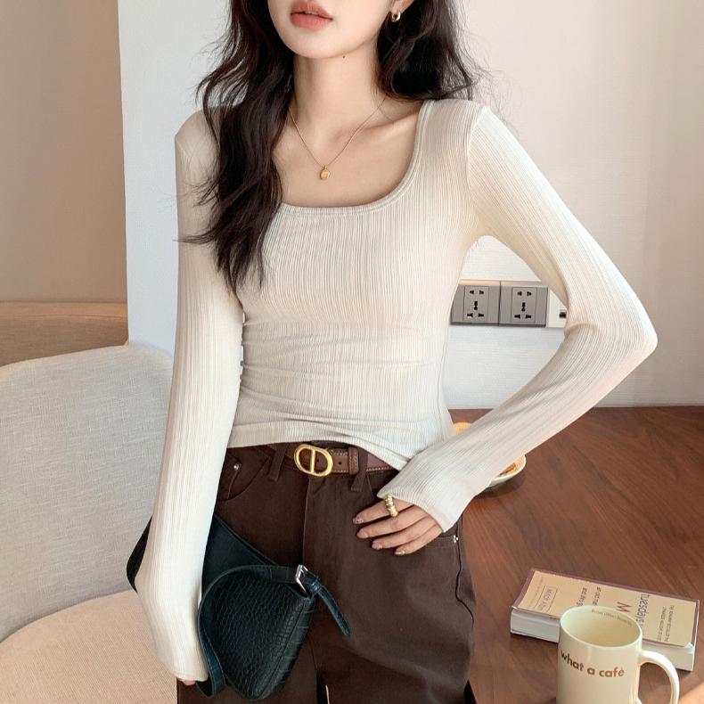 U-neck Sweater Solid Color Slim Knitted Sweater T-shirt Long-sleeved Top Low-neck Inner Layer Slim Pullover Women's Clothing