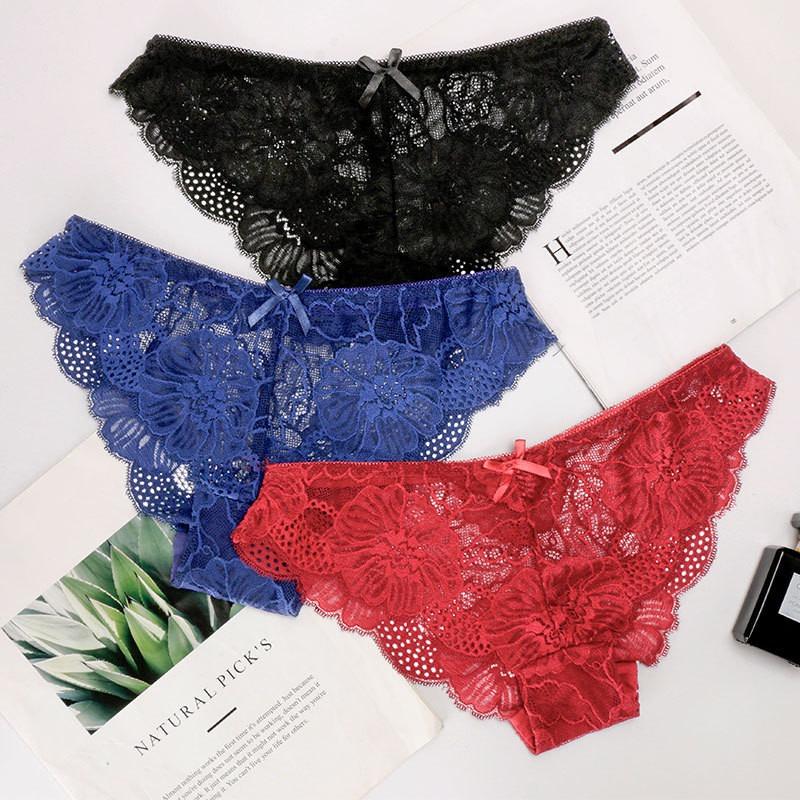 Lace Flower Low-Rise Sexy Briefs Solid Color Cute Bowknot Women's Underwear Soft Breathable Girls Panty