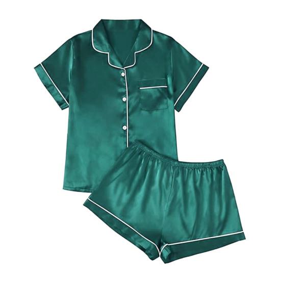 2 st/set Pyjamasset i imitationssilke Revers Kortärm Knappslå Skjorta Elastisk midja Shortsset Sommar Sval Sovkläder