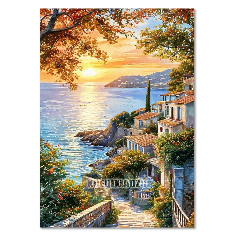 Sea Sailboat 5D Diamond Painting Kit Mountain View Flower House Mosaic Cross Stitch DIY Home Decor Gift for Adult Beginners