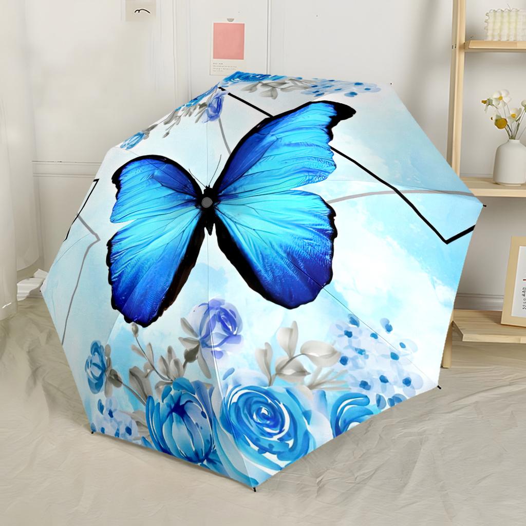Blue Butterfly Floral Circle Outdoor Automatic Umbrella Compact 8 Rib Design Sturdy Construction for Outdoor Daily Use Compact Folding Umbrella