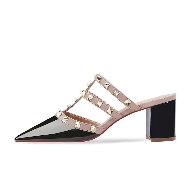 New nude patent leather thick heel high heel bag head half slippers women wear versatile rivets pointed cool slippers summer