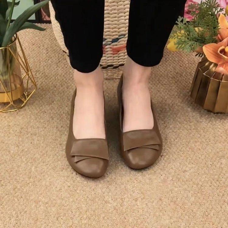 Spring soft leather shallow mouth single shoes new soft sole flat sole leather shoes round head beanie shoes