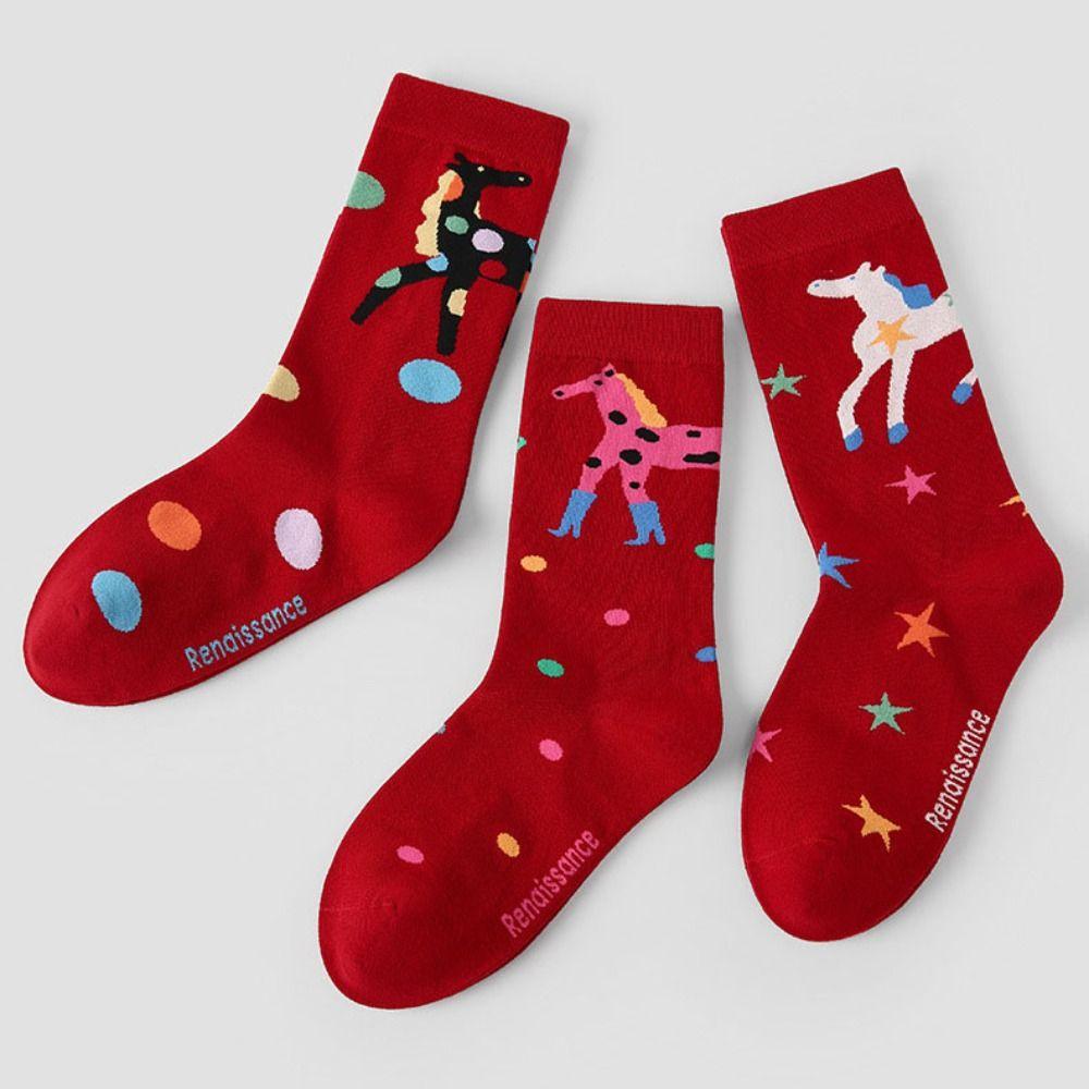 3Pairs Mid Calf Year of The Horse Socks Cartoon Red Cotton Socks Funny New Year Tube Socks  Women