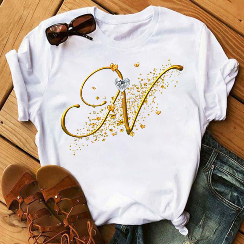 Custom Name Letter Combination Fashion Women T-shirt Diamond Gold Letter Font A B C D E F G Short Sleeve Tops Black T-shirt