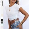 Women'S Crop Top Short Sleeve T-Shirt Short Style Ribbed Fashion Drawstring Tie Round Neck Top For Girls