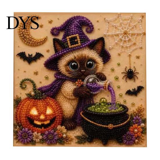 Halloween Party Supplies Cat Faux Pearl Painting Art Kit, Spooky 3D Beads Crafting Kits for Beginners Crafts, Cute Witch Gem Wall Adults, Craft Lovers