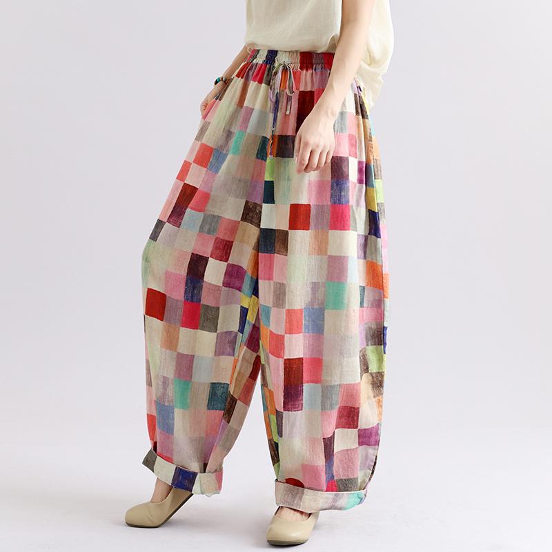 DIMANAF 2026 Autumn New Plus Size Women Long Pants Print Floral Cotton Linen Vintage Loose Elastic Waist Casual Lady Bottoms