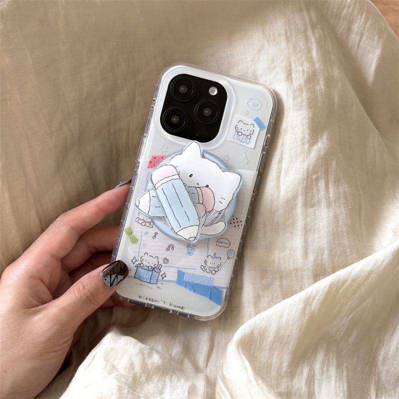 Korean Cute Cat Stand Holder For iPhone 16 Pro 14 13 15 Pro Max Magnetic Phone Case with Bracket For Magsafe Shockproof Cover