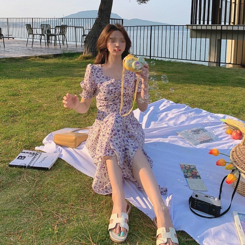 New French bubble sleeve split chiffon oil painting lavender spring summer autumn floral retro dress explosion