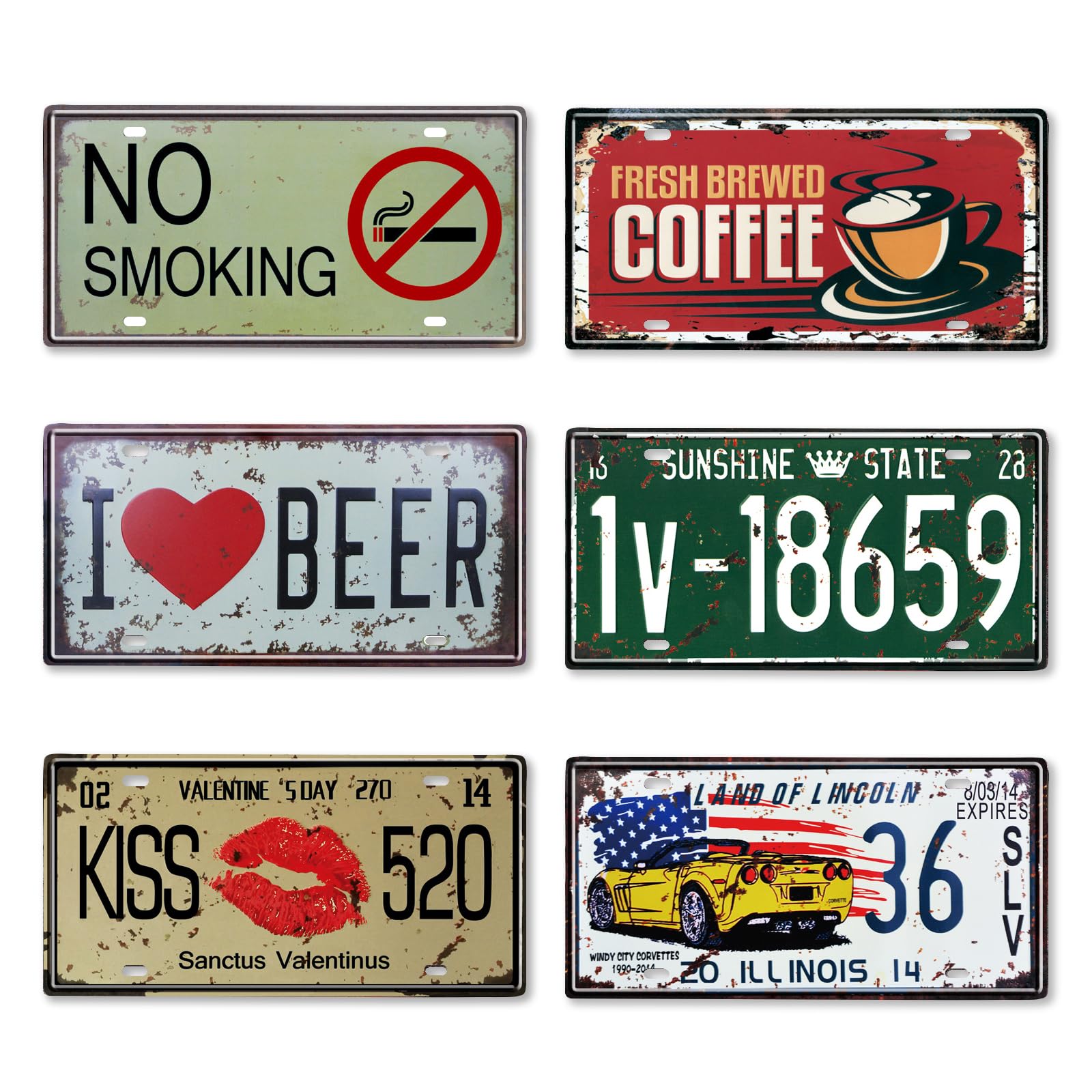 

TK.tech American Vintage Metal Plate 6-Piece Set Retro Decoration Antique Interior Goods Garage/Cafe Wall Signboard