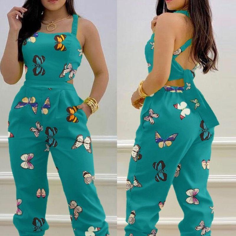 Women Printed Back Strapjumpsuit European and American Women Butterfly Print Back Strap Jumpsuit