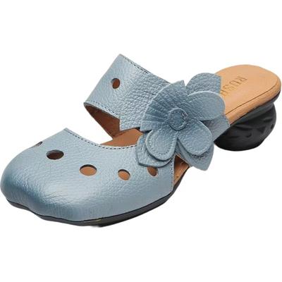 Ciabatte Estive da Donna in Pelle Traforate a Punta Chiusa Suola Morbida Tacco a Blocco Stile Etnico Fiore Tridimensionale Ciabatte da Esterno