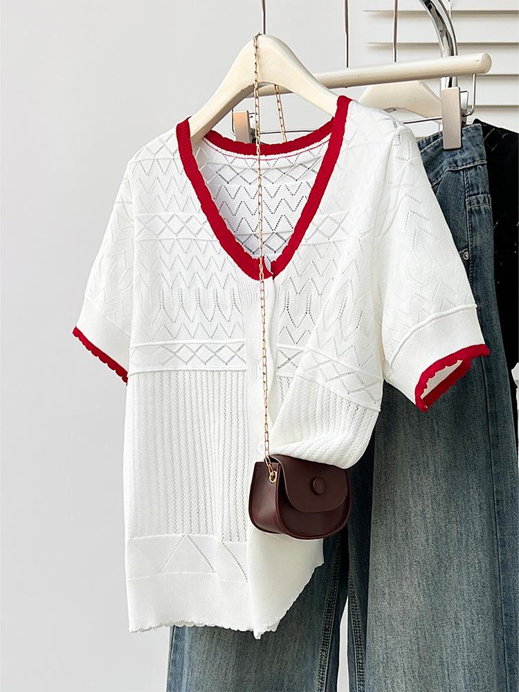 

2024 Summer Knitwear V-Neck Hollow Cardigan - Casual Short-Sleeved Top 3XL (82-100kg) чорний