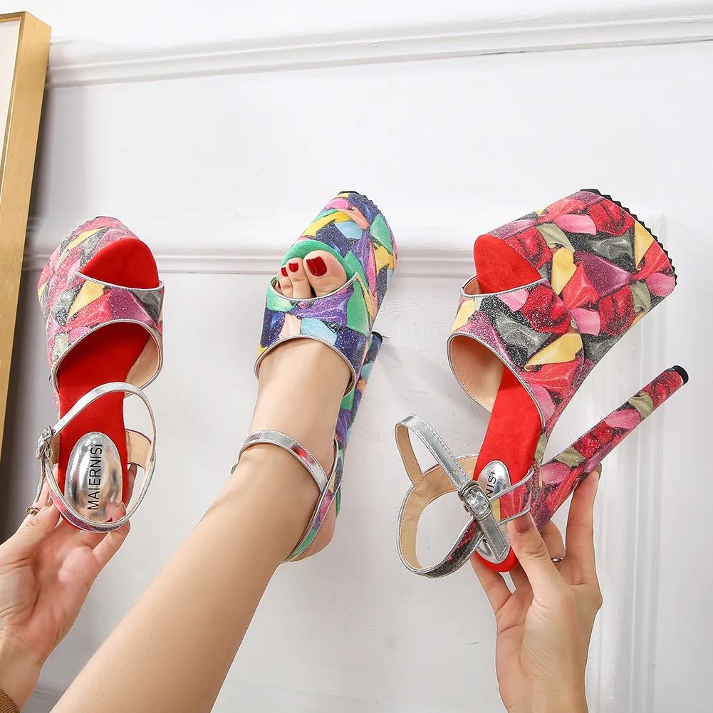 Fashion Unisex 20cm Metal Thin High Heels Platform Sandals Ankle Strap Shoes Woman Pumps SUMMER Peep Toe Stilettos zapatos mujer