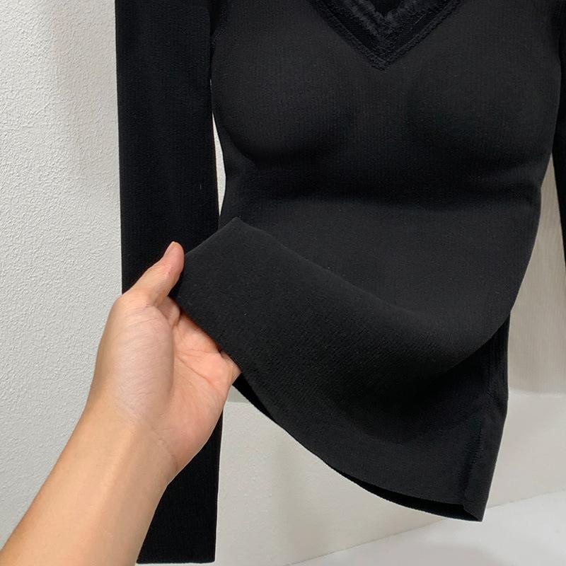 German Velvet Bottoming Shirt Women's 2025 New Lace Splicing Long-sleeved Inner Cover Autumn Clothes Velvet with Chest Pads Thermal Underwear