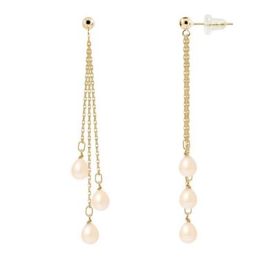 Dangling Earrings - - Genuine Freshwater Pearls 5-6 Mm - Yellow Gold - Natural Pink