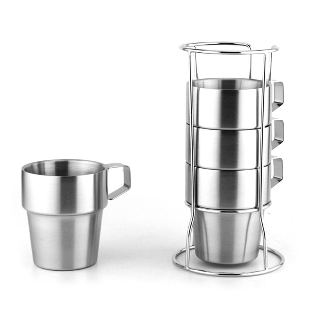 4 Stück Edelstahl Kaffeetasse Europäischer Stil Verdickt Doppellagig Stapelbar Edelstahl Isolierter Kaffeebecher