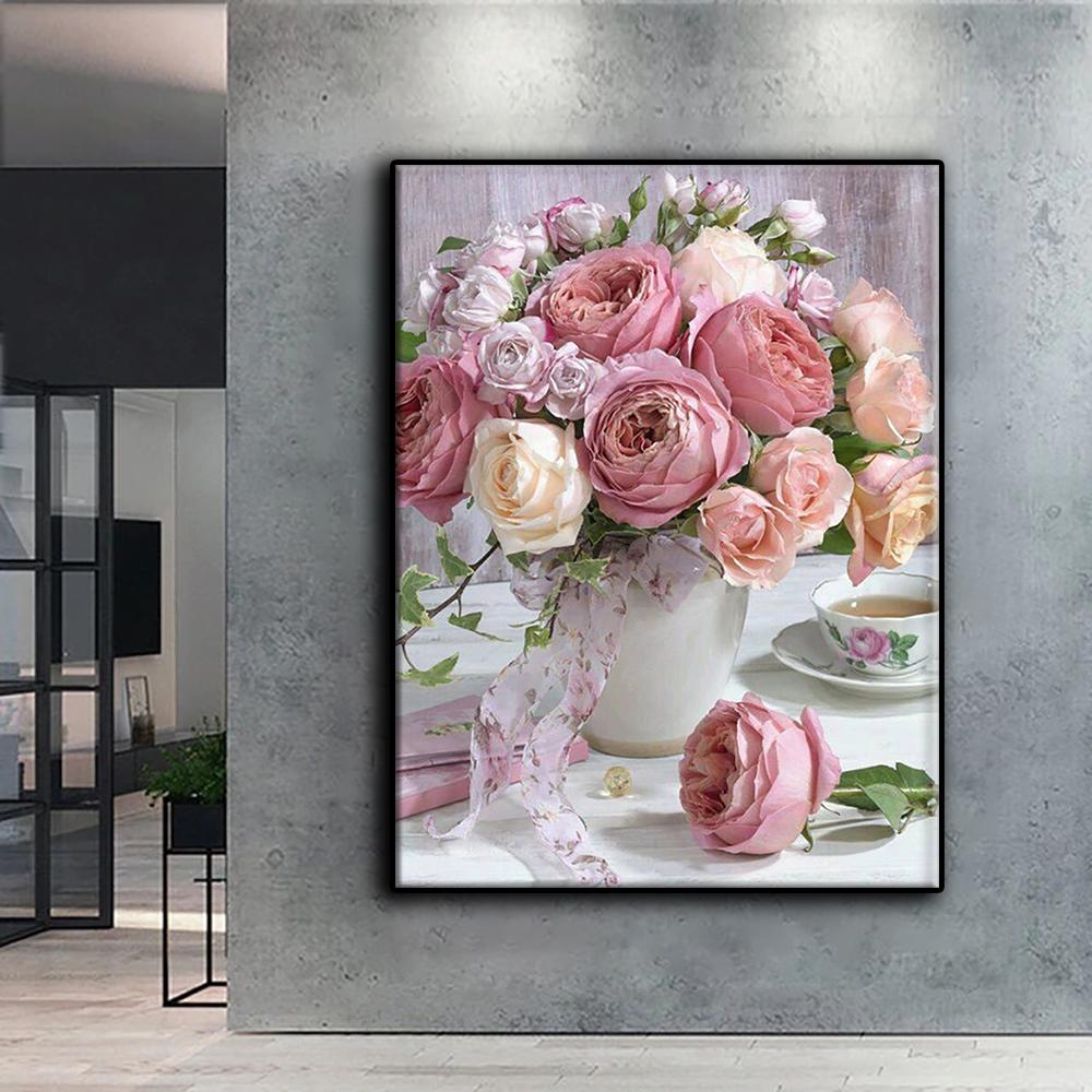 5D DIY Różowe Róże Haft Diamentowy Cyrkonie Rysunek Diamentowy Haft Mozaika Dekoracja Domu
