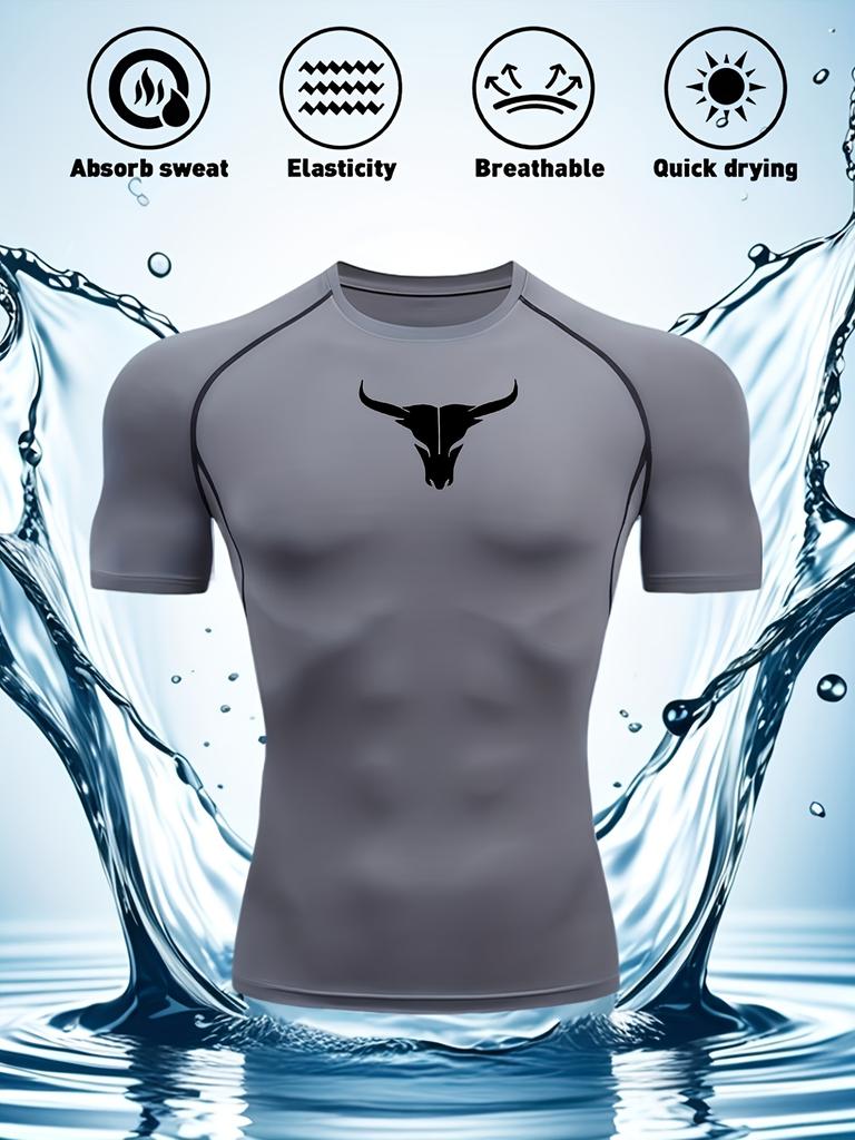 Mens Navy Blue Compression Short Sleeve T-Shirt White Bull Skull Graphic Quick Dry Breathable High Elasticity Gym Workout And MMA Athletic Top