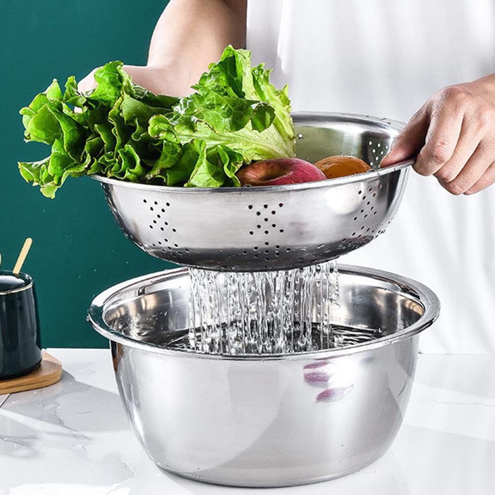 Stainless Steel Drain Basin With Slicing Tool Household Veggie Washing Strainer For Carrots Fruit