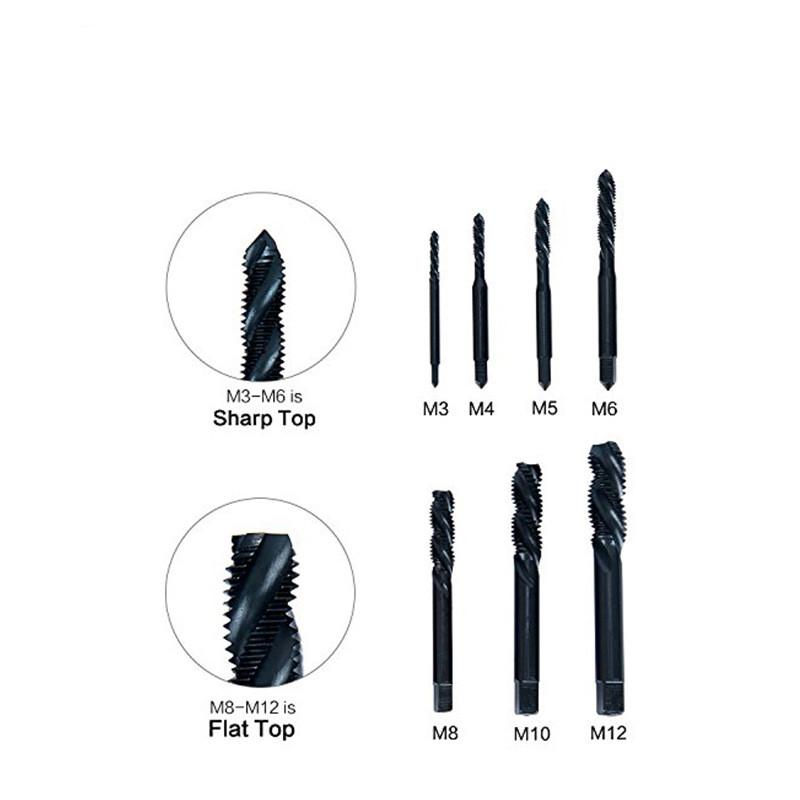 7-teiliges HSS Nitridier-Maschinengewindebohrer-Set M3-M12 Spiralbohrer und Spitzbohrer, verwendet für Innengewindeschneiden und Gewindereparaturwerkzeuge