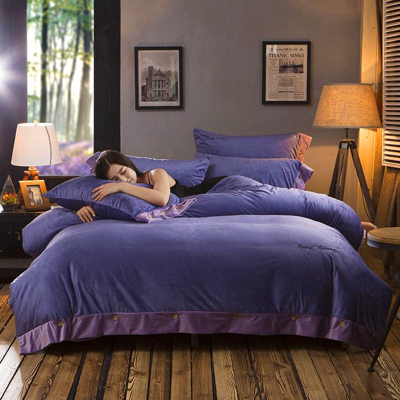 4pcs/set Pure Color Crystal Velvet Sheet Coral Velvet Thick Double-sided Duvet Cover Autumn and Winter Queen Size Bedding