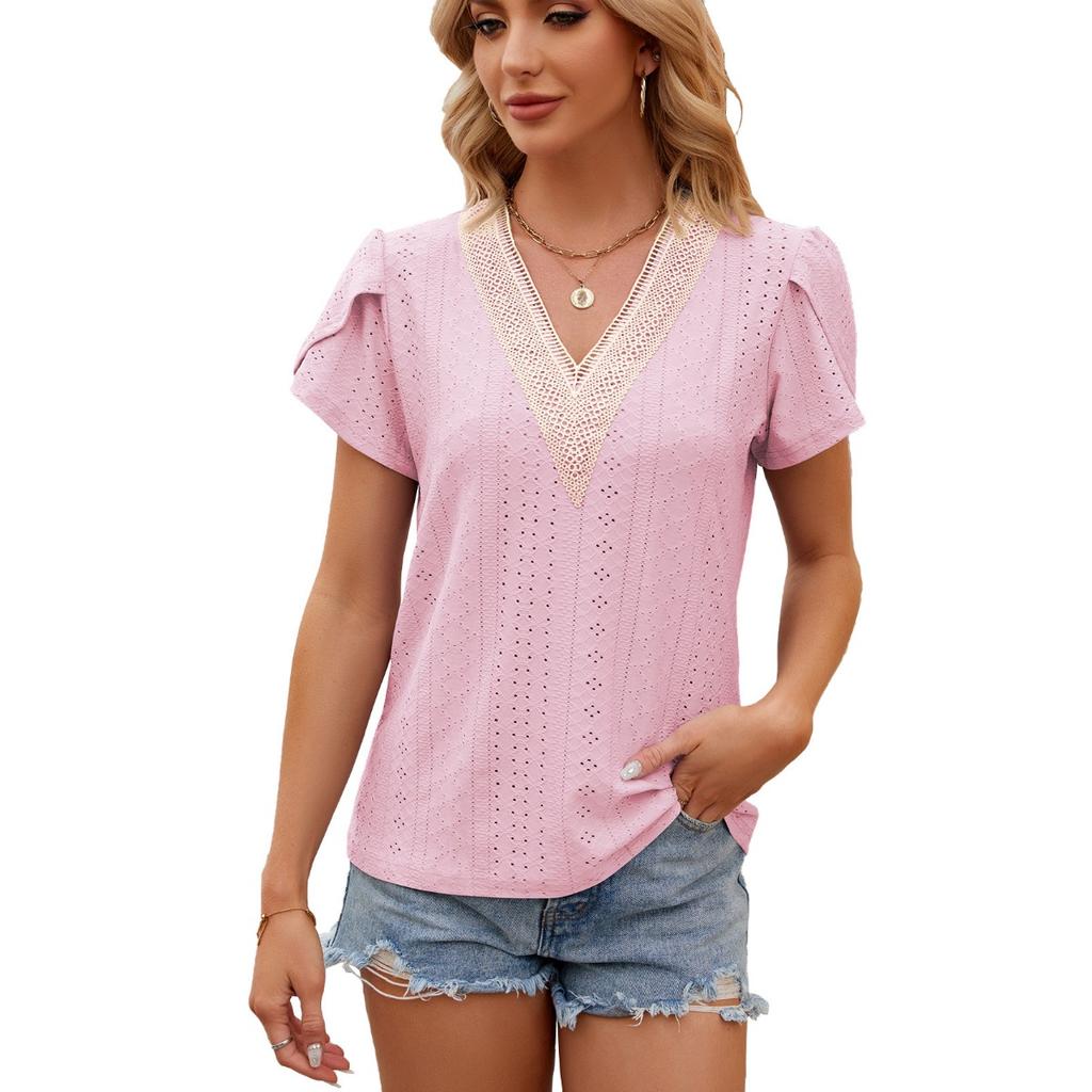 Spring Summer Women's Lace Patchwork V-neck Loose Short Sleeve T-shirt