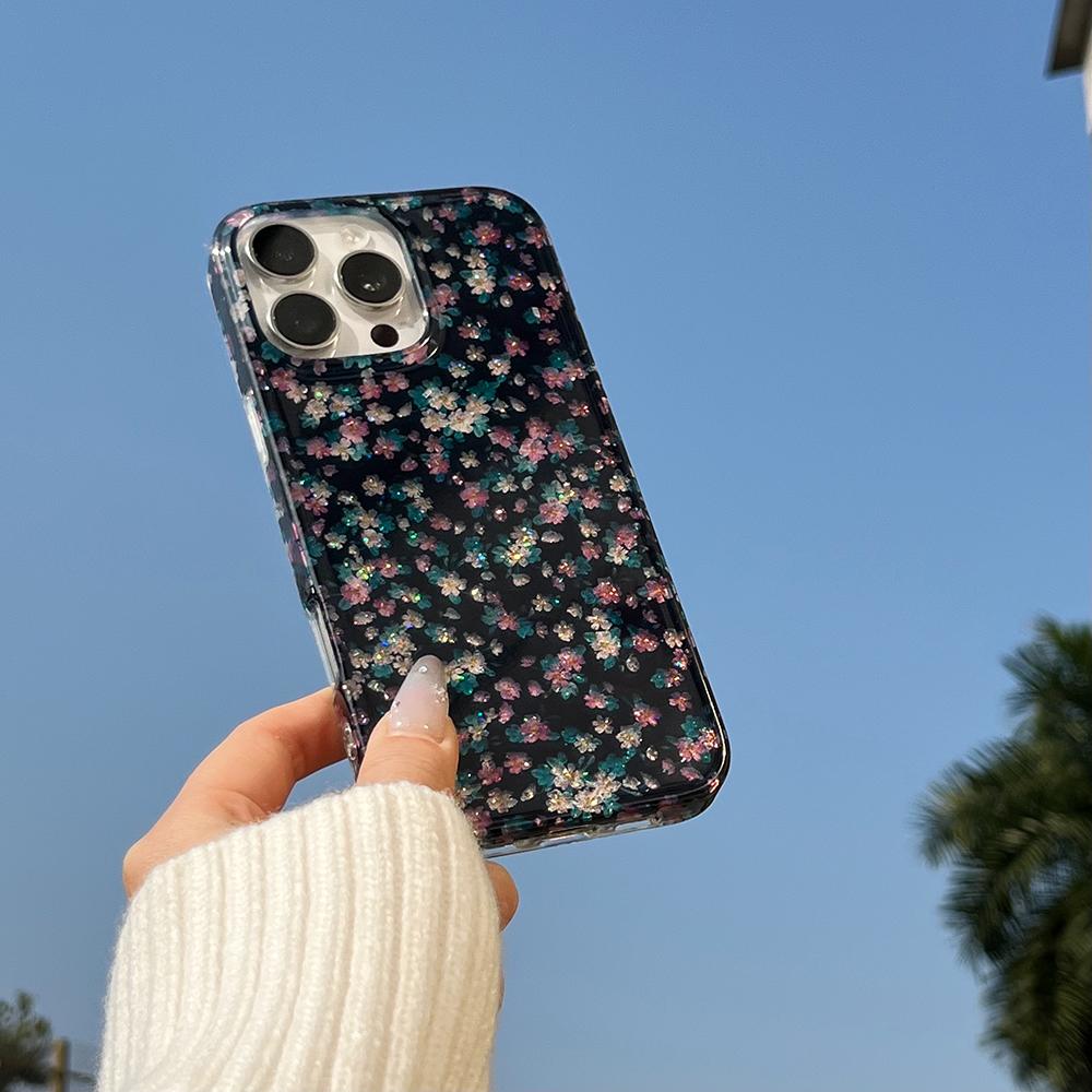 Glitter Charming Vintage Dark Green Background Colorful Blooms Floral Phone Case for IPhone 16 15 14 13 17 Pro Max Bling Cover