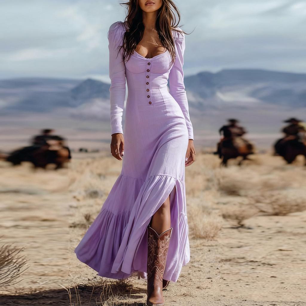 Women's Fashion Western Buttoned Gathered Long Sleeve Sexy Maxi Dress