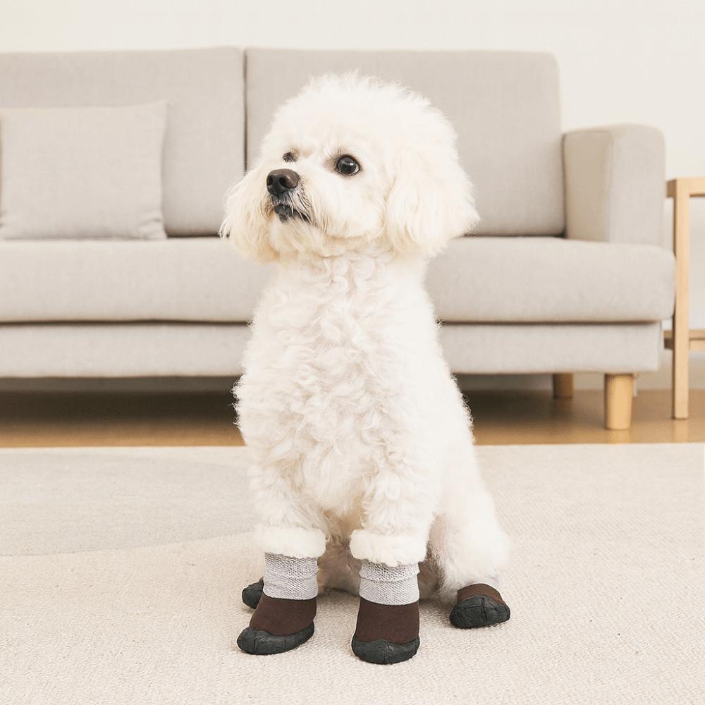 4pcs/set Warm Non-Slip Dog Shoes Soft Sole Wear-Resistant Dog Cotton Shoes Thick Plush Breathable Dog Rain Boots Rain Snow Day