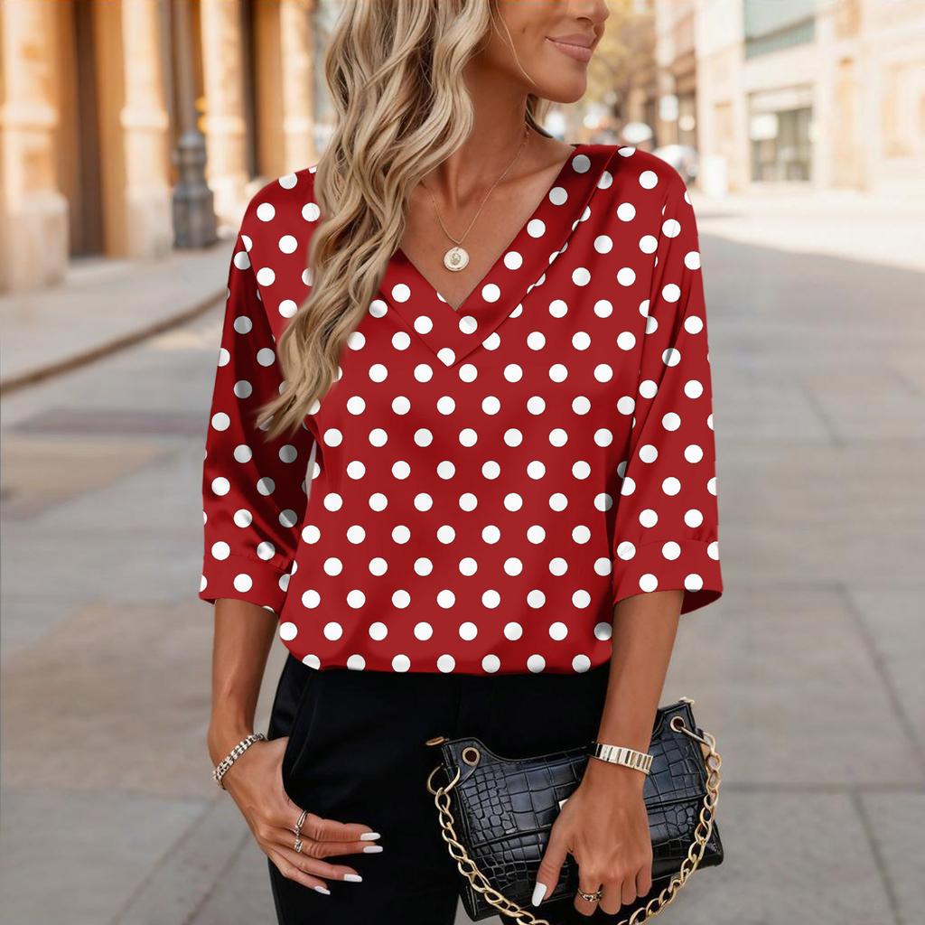 Womens 3/4 Length Sleeves Shirts V-Neck Satin Loose Dressy Trendy T-Shirt Pullover Blouse Tops