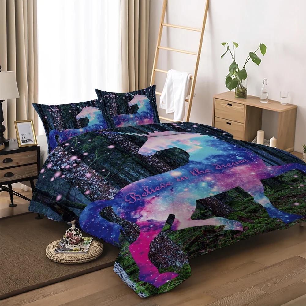 Star Shine Unicorn Head Beding Soft Duvet Cover Sets Dream Carton Pink Purple Comfortable Quilt Cover Pilowcases Home Textile Warm Comforter Set