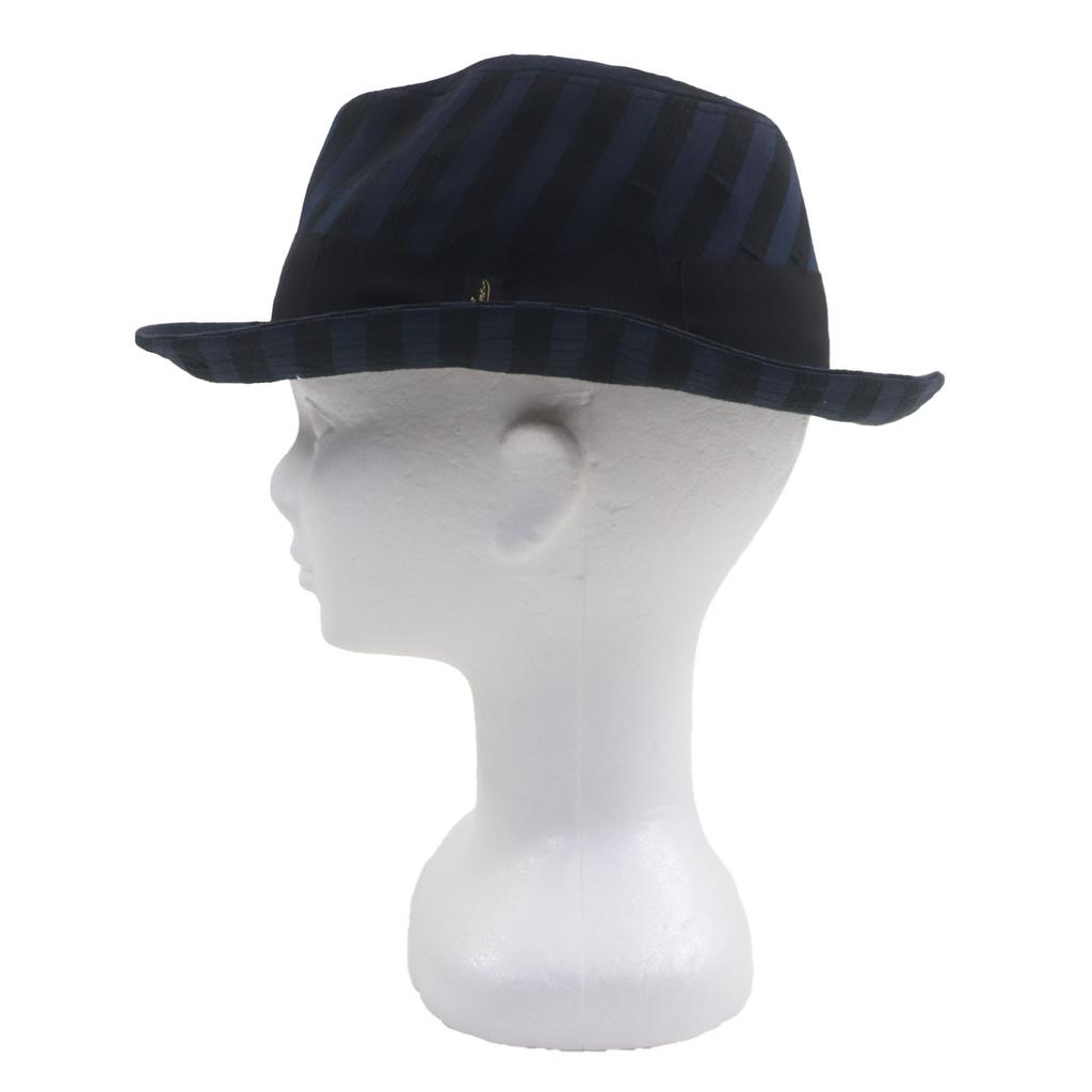 Great Borsalino hat Stripe Pattern Logo Ribbon Fedora Navy black cotton mens 57 Used