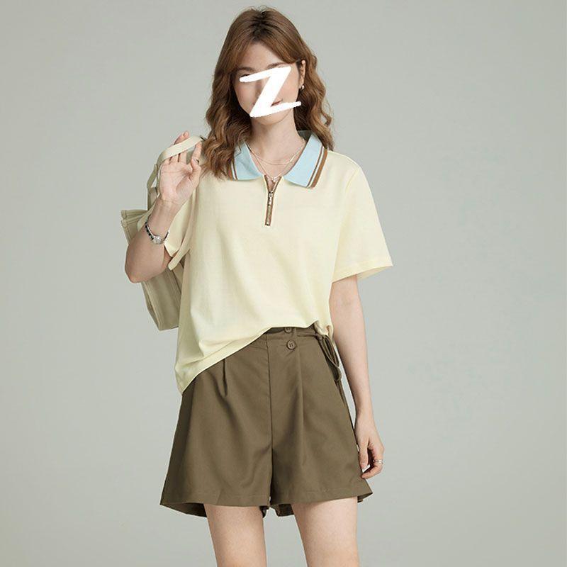 Korean Half-zip Casual Short-sleeved T-shirt Women Loose POLO Lapel Trendy Contrasting Color Splicing Top