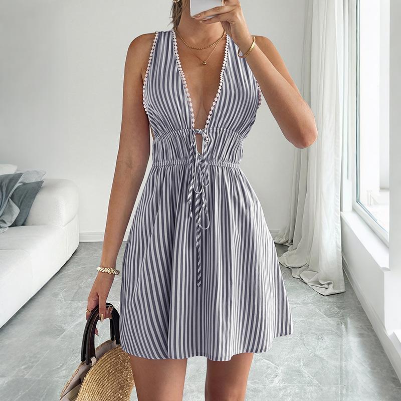 Women's Fashionable Sexy Striped Deep V-Neck Adjustable Tie Sleeveless Mini Dress for Beach and Parties