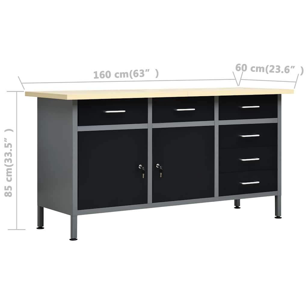Workbench with 4 Tool Walls and 2 Wall Cabinets