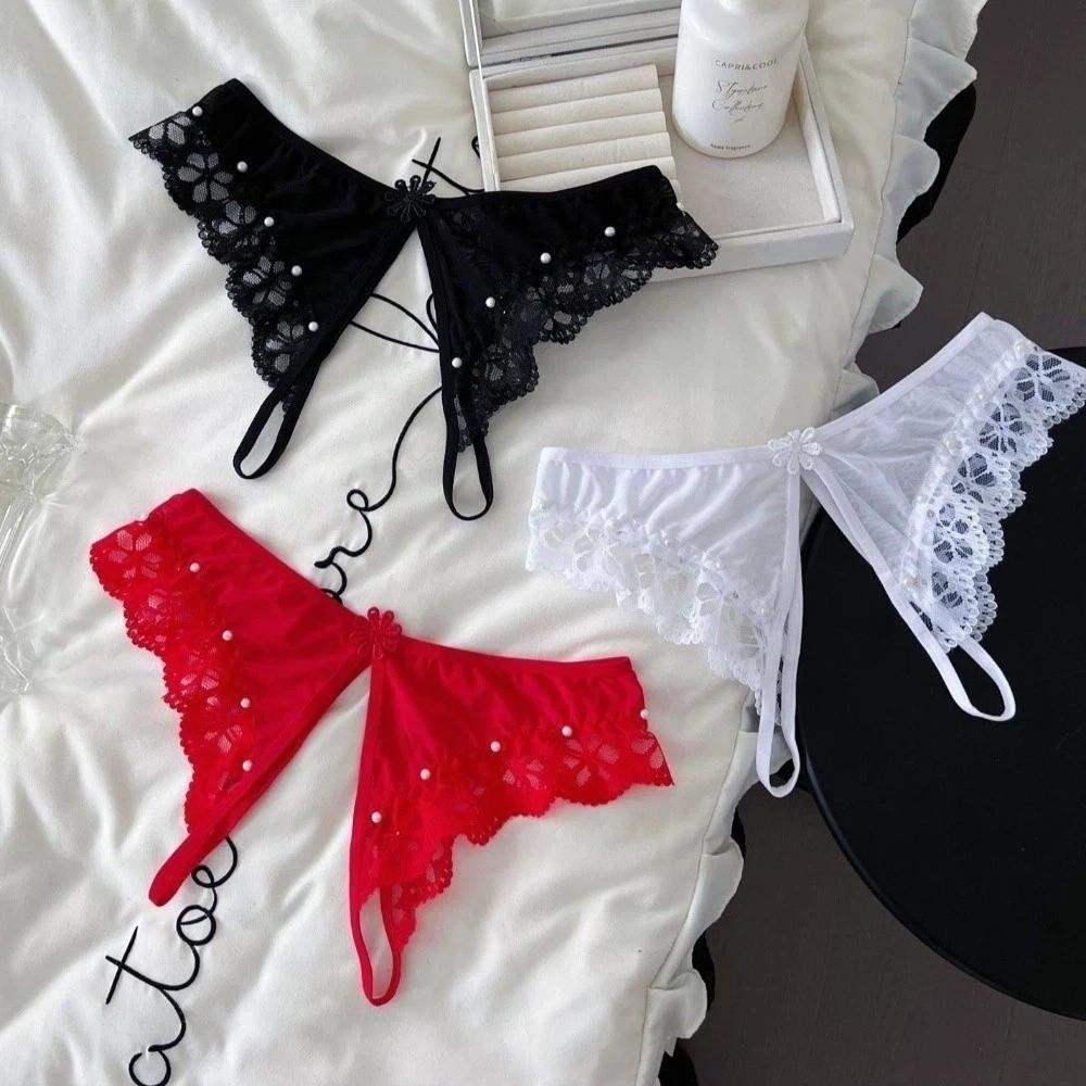 Pearl Decor Sheer Mesh Lace Thong Low Waist Lace Underwear Fashion Lace Flower Briefs Women Home