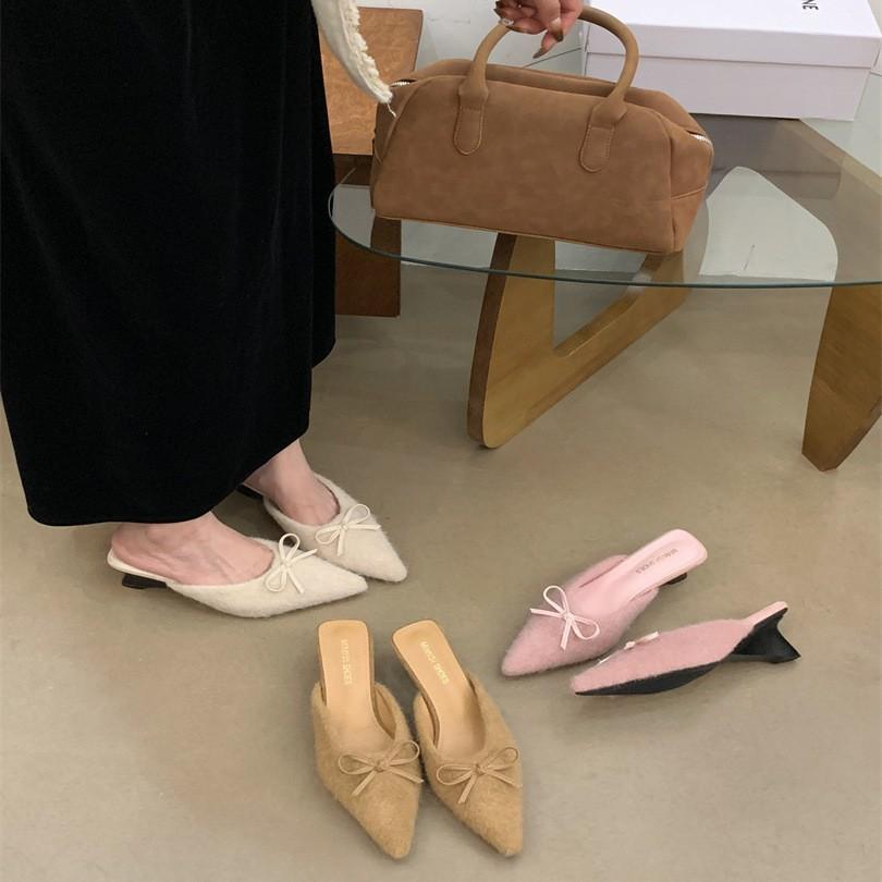 2025 spring new temperament half tray single shoes French bow gray high heels bag head half slippers women's shoes