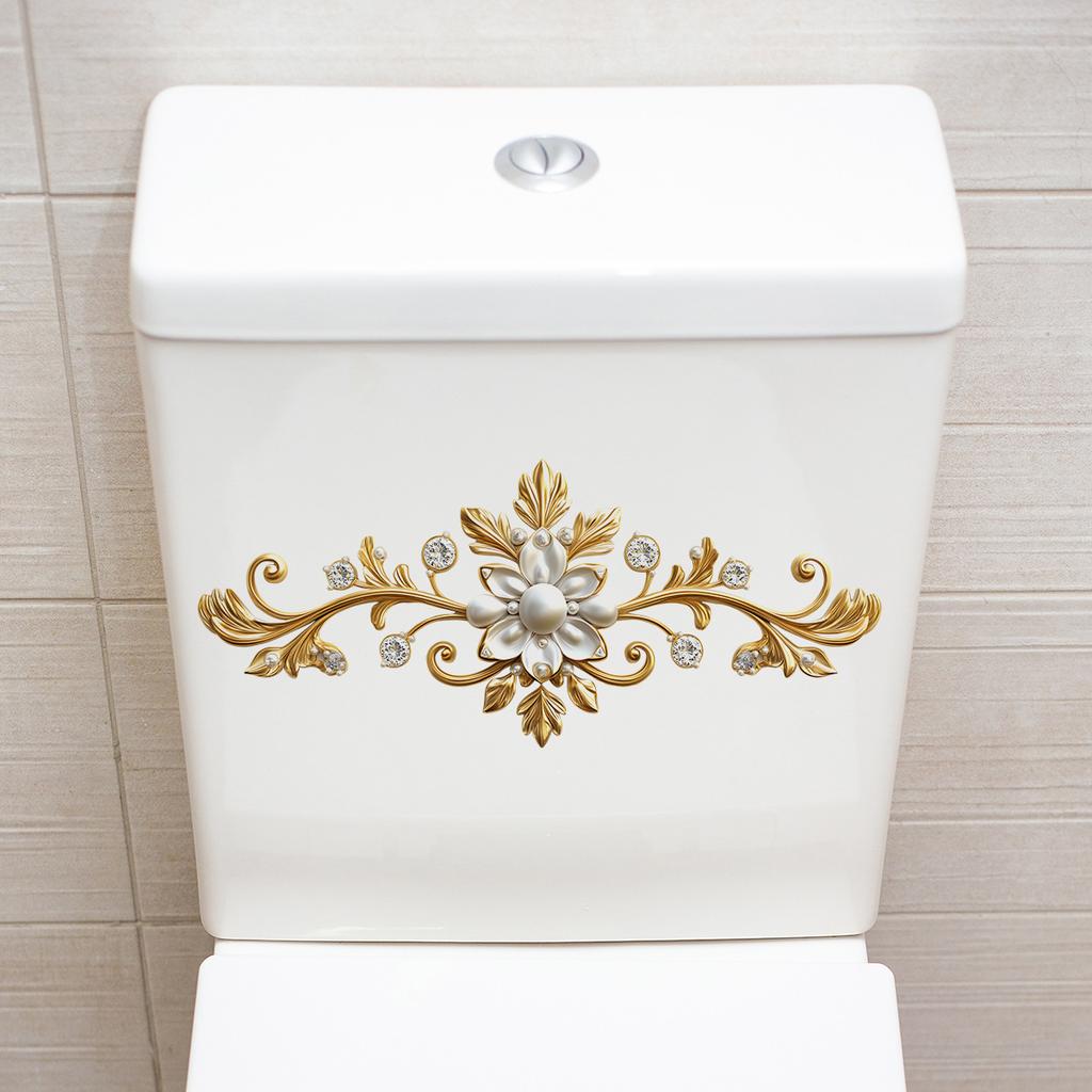 Elegant Golden Floral Embossed Self-Adhesive Wall Sticker for Bathroom Toilet - Matte Finish, Rectangular Shape, Durable Plastic, Easy To Install