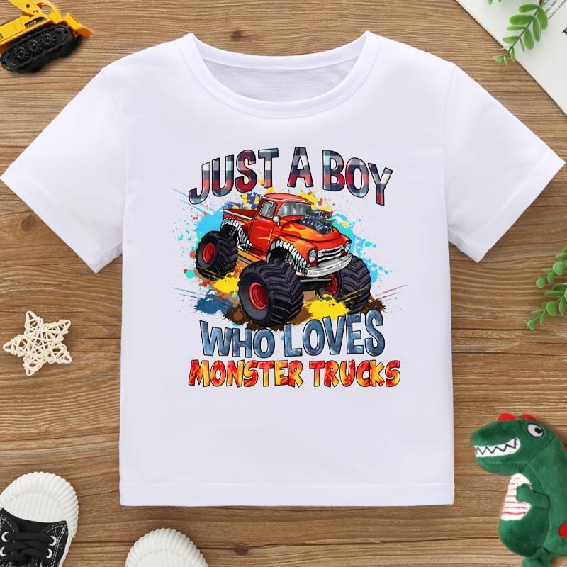 JUST A BOY WHO LOVES MONSTER TRUCKS" Truck Print Cool and Stylish T-Shirt